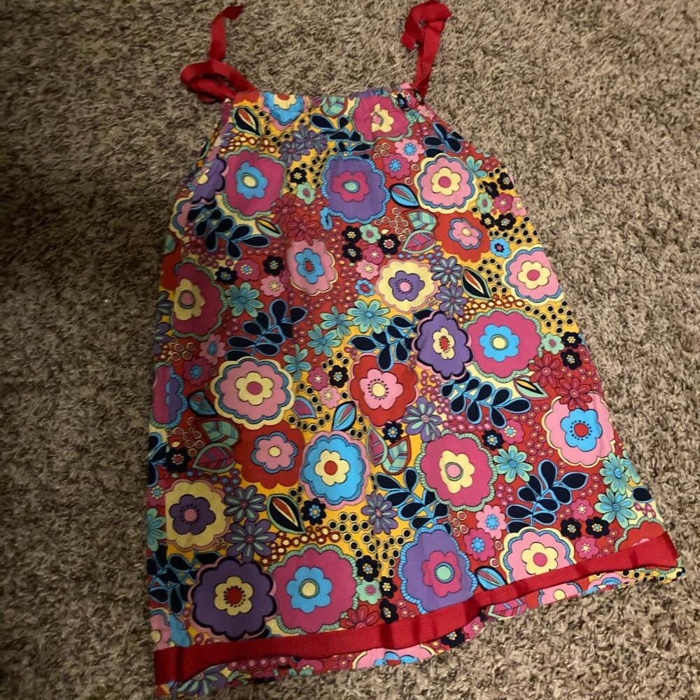 Hanna Andersson Red Floral Print Sundress 4 110 CM Pillowcase Style Ribbon Trim